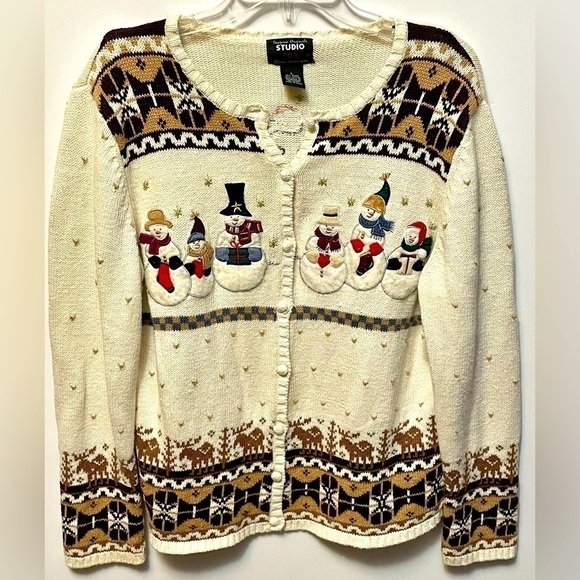 designer Originals Studio Joy Vintage Snowman Cardigan Sweater, Size Large, 3D - Picture 1 of 12
